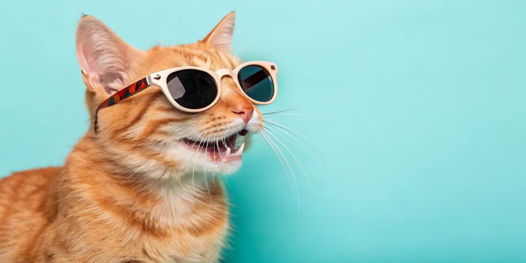 Cool orange tabby cat wearing sunglasses with a playful expression against a teal background